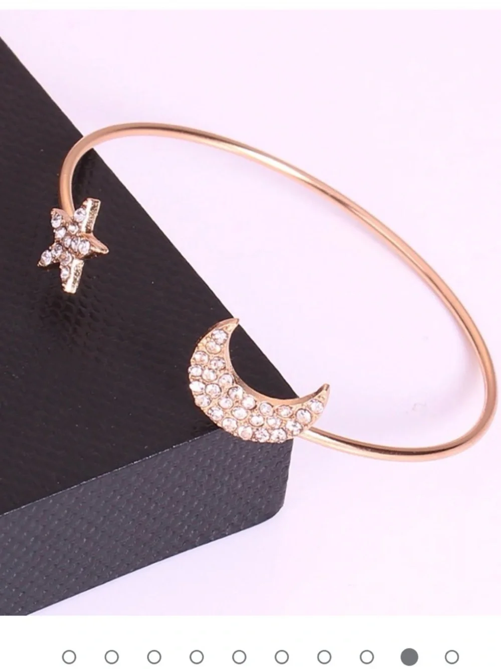 Gold tone Moon & Star Open Bangle Bracelet with Crystals